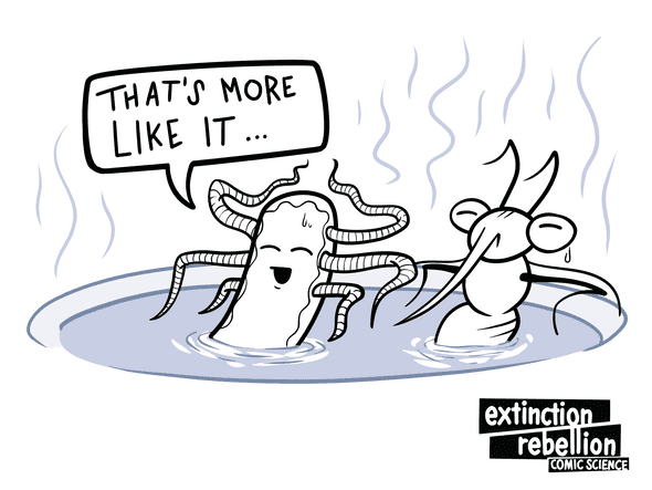 friendly anthropomorphic Salmonella bacteria and mosquito sitting in a warm puddle of water, enjoying it like a hot tub